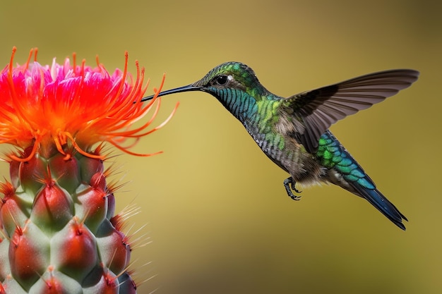 Een kolibrie eet een cactus van een cactus.