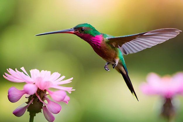 Een kolibrie vliegt in de buurt van een roze bloem.