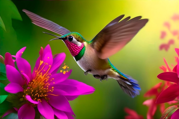 Een kolibrie vliegt over een bloem met een groene en paarse achtergrond.