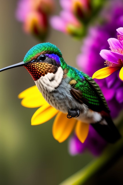 Een kolibrie zit op een bloem met een groene en blauwe kop.