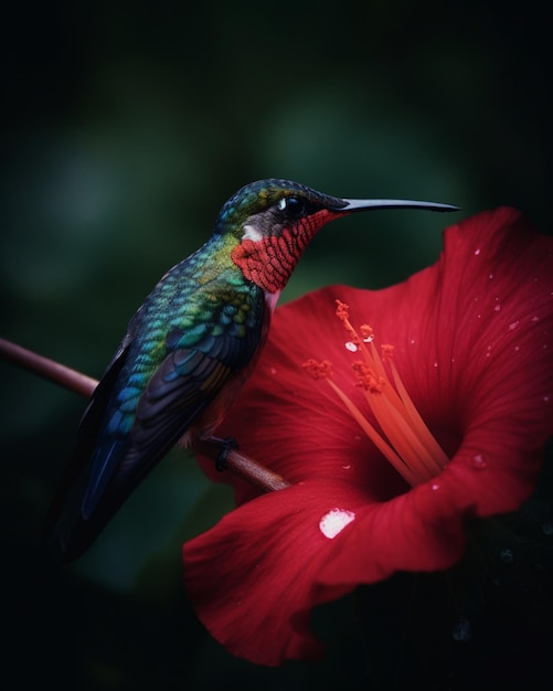 Een kolibrie zit op een rode bloem en kijkt naar de camera.