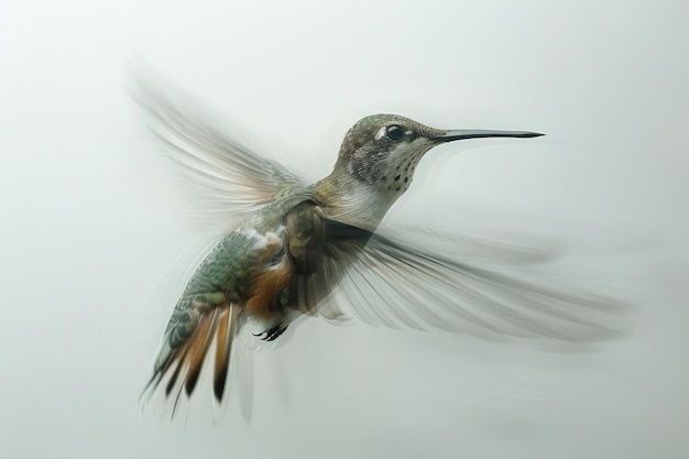 Een kolibrie zweeft met vleugels een vlek