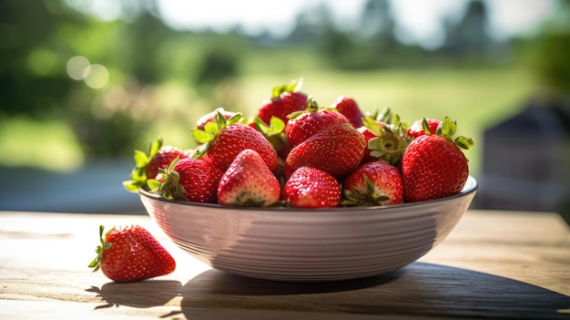 Een kom aardbeien op tafel