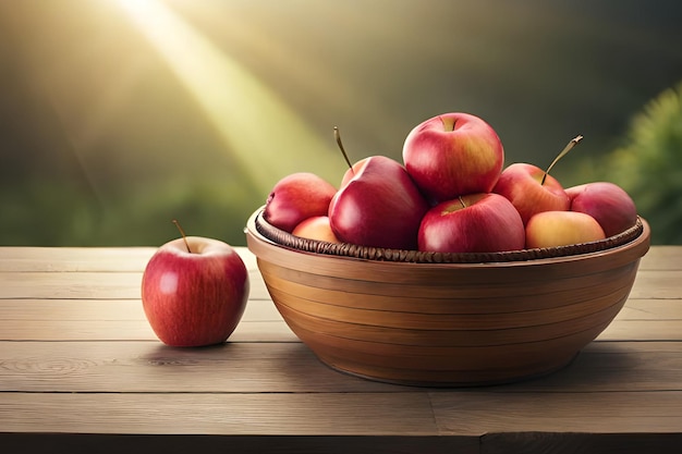 Een kom appels en een rode appel op een houten tafel