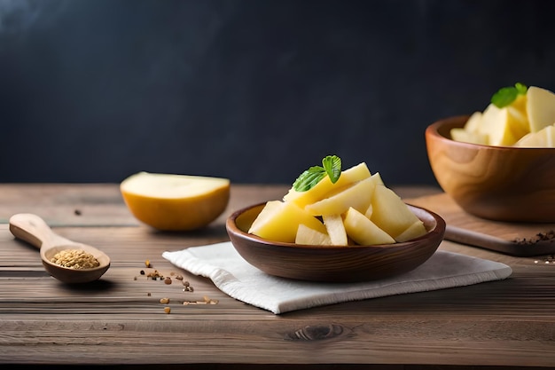 Een kom appels en kaas op een houten tafel.