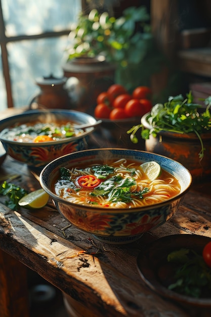 Een kom Aziatische soep met noedels, chili en kruiden in de Thaise en Vietnamese keuken van vleesbouillon