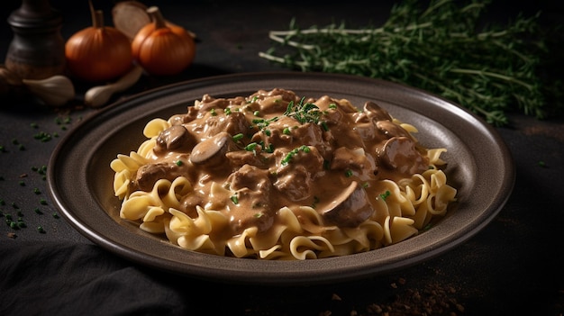 Foto een kom beef stroganoff met een kom noedels op tafel.