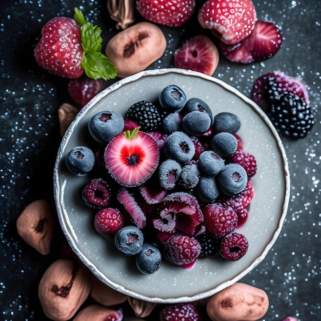 Een kom bevroren fruit met bosbessen en bramen op een donkere achtergrond