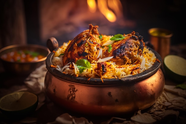 Een kom biryani met een kipschotel erbij