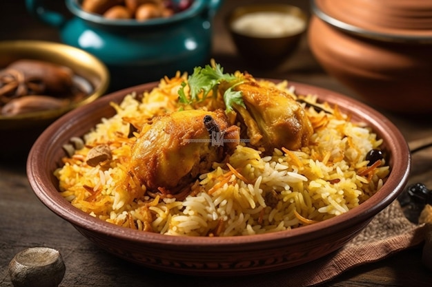 Een kom biryani met een kom rijst en een kom eten op tafel.