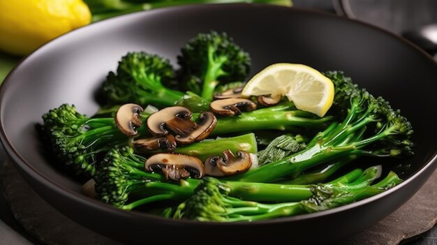 Een kom broccoli met champignons en schijfjes citroen.