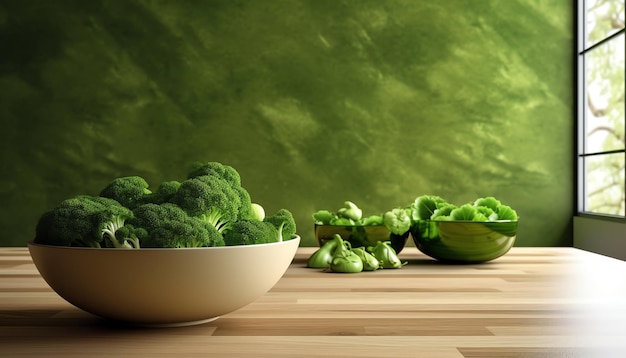 Een kom broccoli staat op een houten tafel met andere groenten op de achtergrond.