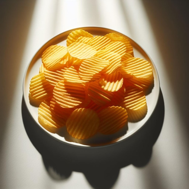 Een kom cheddar chips staat op een tafel.