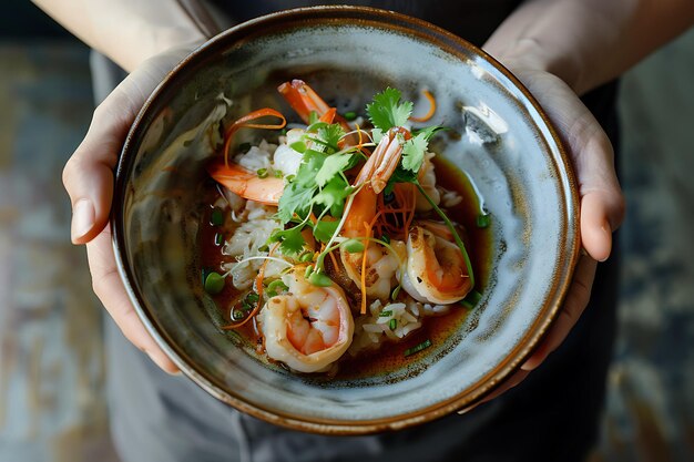 een kom Chinees eten met garnalen en rijst