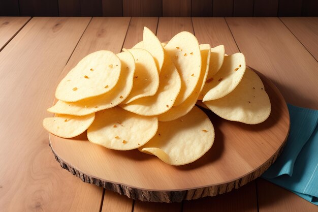 Een kom chips en chips op een houten tafel