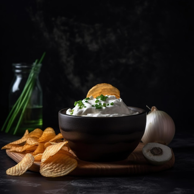 Een kom chips en een kom roomkaasdip met een takje groene uien erbij.