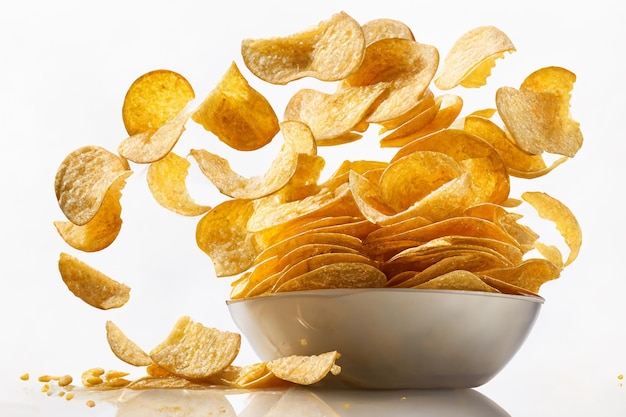 Een kom chips met een witte achtergrond