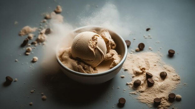 Een kom chocolade-ijs met chocoladeschilfers eromheen