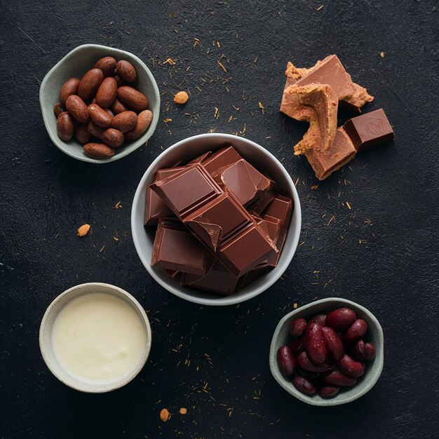 Foto een kom chocolade met noten en amandelen op een tafel