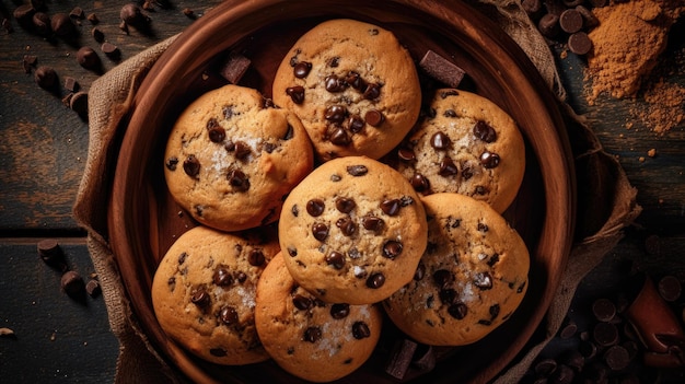 Een kom chocoladekoekjes met chocoladeschilfers