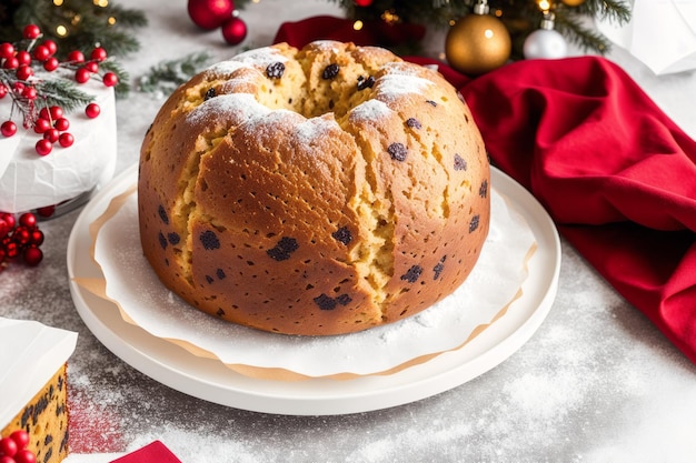 Een kom chocoladekoekjesbrood staat op een bord met een kerstboom op de achtergrond.