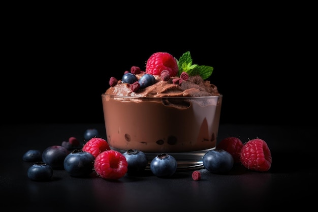 Een kom chocolademousse met bessen op een zwarte achtergrond.