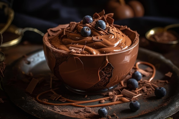 Een kom chocoladepudding met bosbessen erop