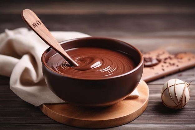 Een kom chocoladesaus met het woord chocolade erop