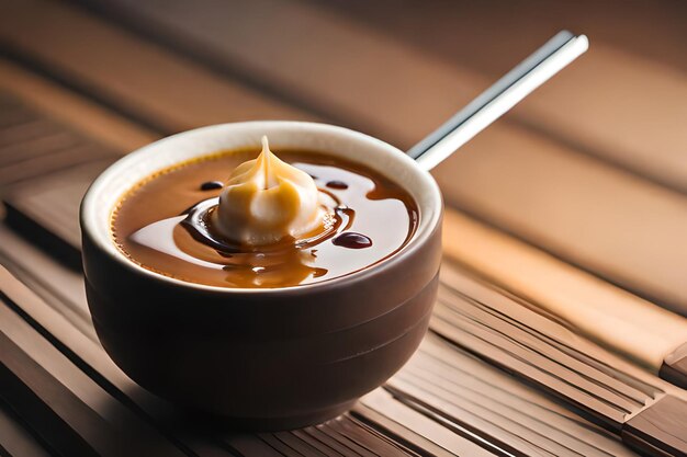 Een kom chocoladesoep met een lepel op een houten tafel.