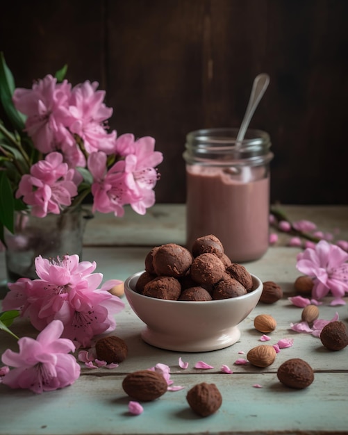 Een kom chocoladetruffels met roze bloemen op de achtergrond.