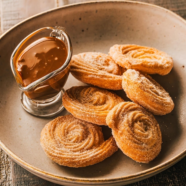 Een kom churros met daarnaast een bakje saus