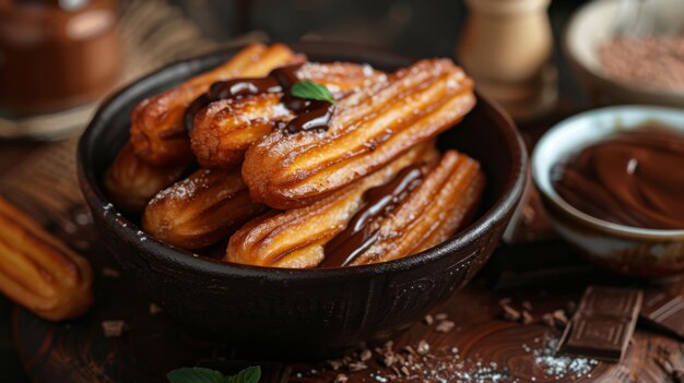 Een kom churros met een kant van chocolade dip saus