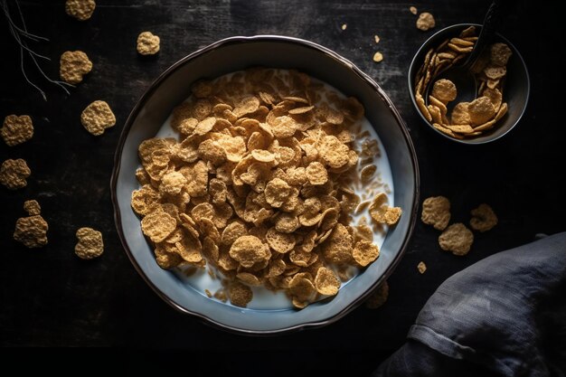 Een kom cornflakes met melk erbij