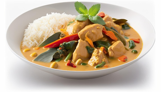 Een kom curry met een rood blad aan de zijkant