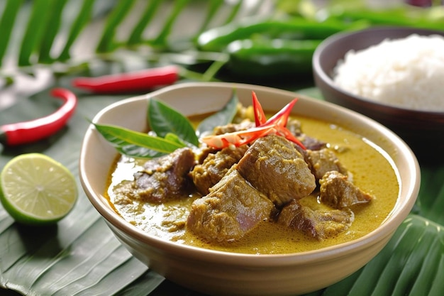 een kom curry met vlees en rijst op een tafel