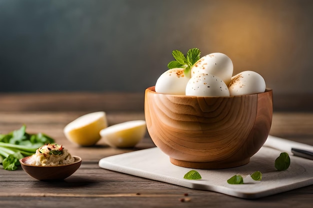 een kom eieren met peterselie op een houten tafel.