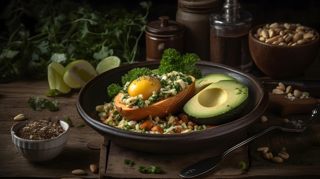 Een kom eten met avocado en ei op een houten tafel