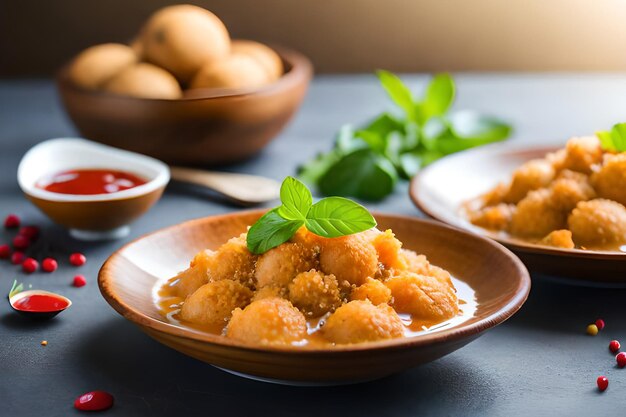 Een kom eten met een lepel en een kom tomatensaus erbij.