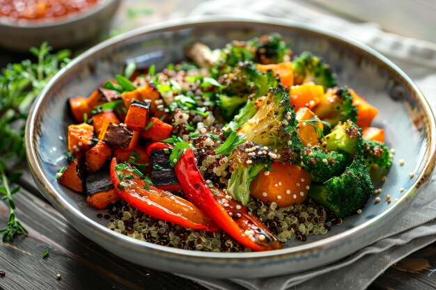 Een kom eten met groenten en quinoa.