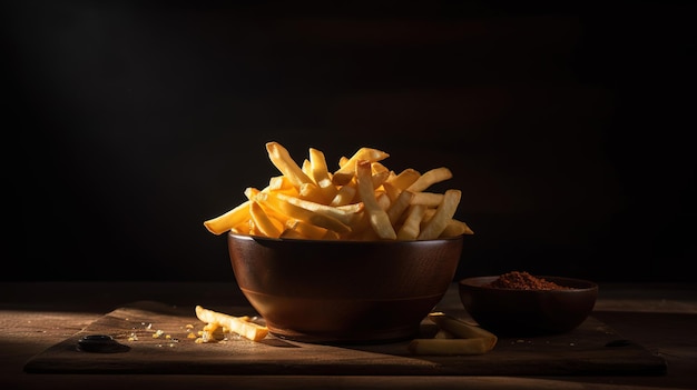 Een kom frietjes staat op een tafel met een donkere achtergrond.