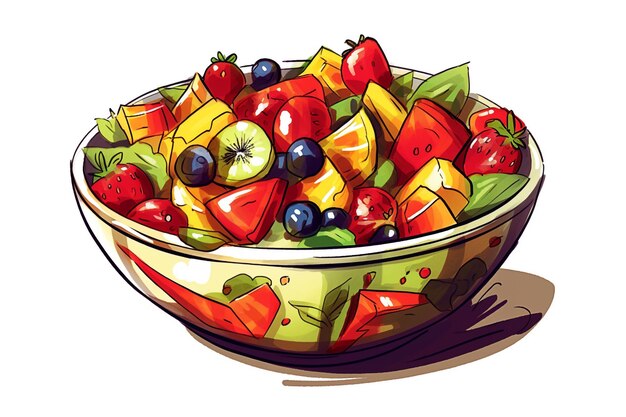 Een kom fruitsalade met een fruitsalade op de achtergrond.