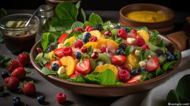 Een kom fruitsalade met een gele saus op de achtergrond