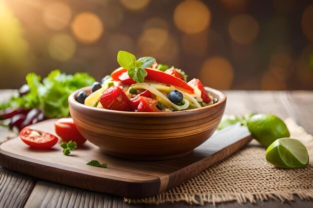 een kom fruitsalade met vers fruit op tafel.