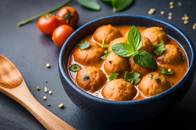 Een kom gehaktballetjes met tomatensaus en basilicumblaadjes op een zwarte tafel.