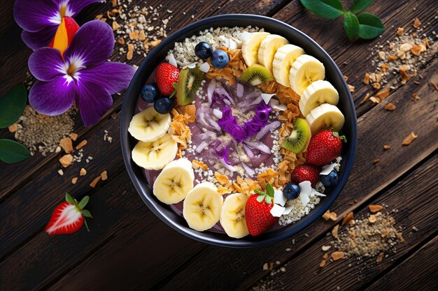 Een Kom Gevuld Met Fruit En Granen Bovenop Een Houten Tafel