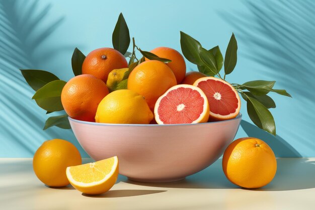 een kom gevuld met sinaasappelen en grapefruit op een blauwe achtergrond