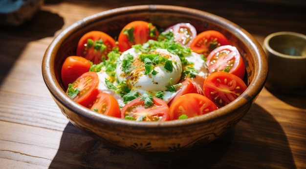 Een kom gewone yoghurt en tomaten.