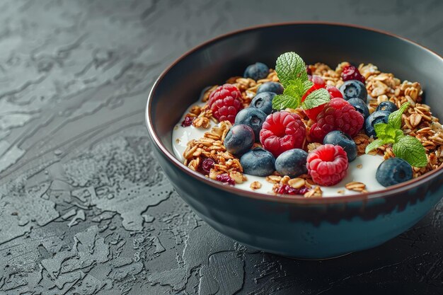 Foto een kom granola met griekse yoghurt en bessen.