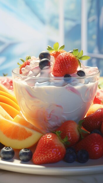 Een kom Griekse yoghurt met fruit op de bovenste behangpapier