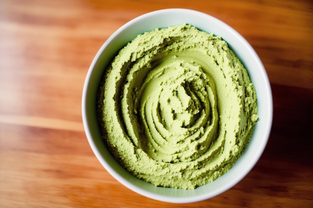 Een kom groene hummus op een houten tafel.